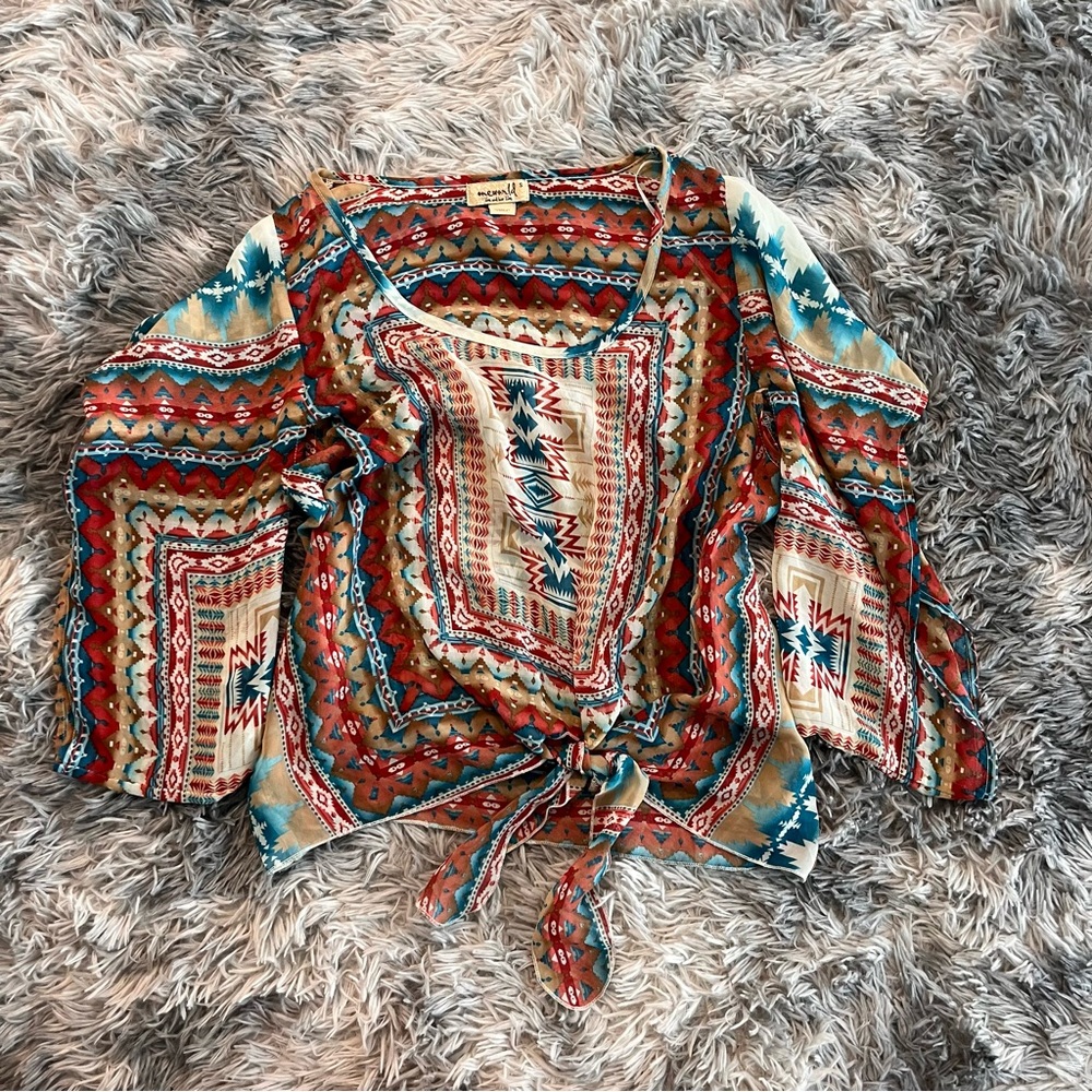 Vintage Couture Tribal Print Inspired Mesh Crop Top with Flowy Sleeves- Size S‎